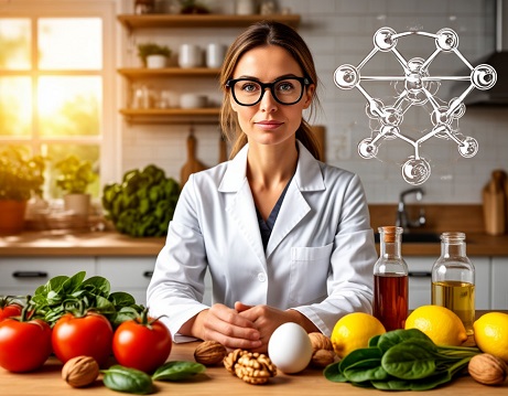 AI.девушка-врач стоит за столом с продуктами