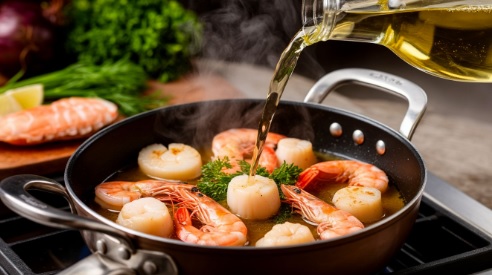 в кастрюлю льют белое вино для приготовления морепродуктов,гребешков,креветок,кальмара